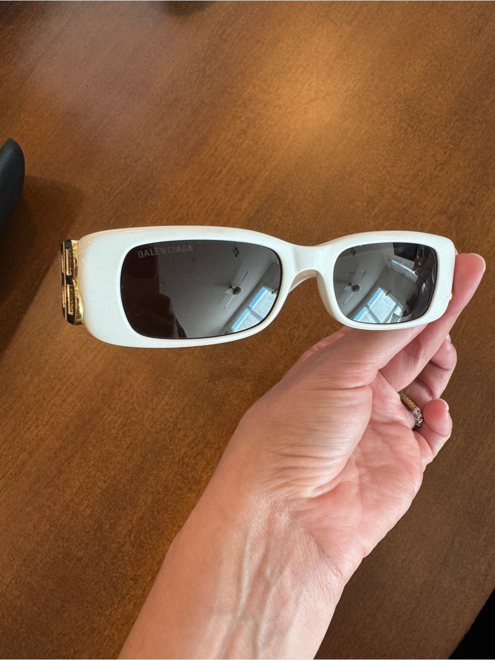 Balenciaga White Rectangular Sunglasses with Gold Hinges